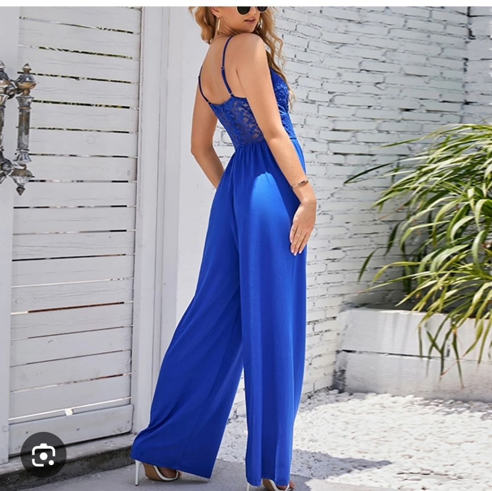 Nwt Wedding Formal Lace Chiffon Two Piece Jumpsuit Wide Leg Pants Set Blue M